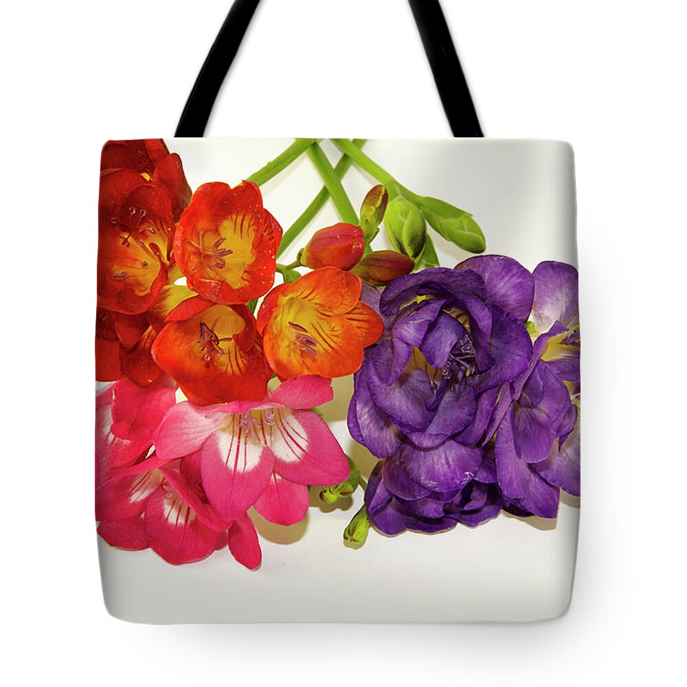 Flowers Tote Bag featuring the photograph Colorful Freesia #2 by Elvira Ladocki