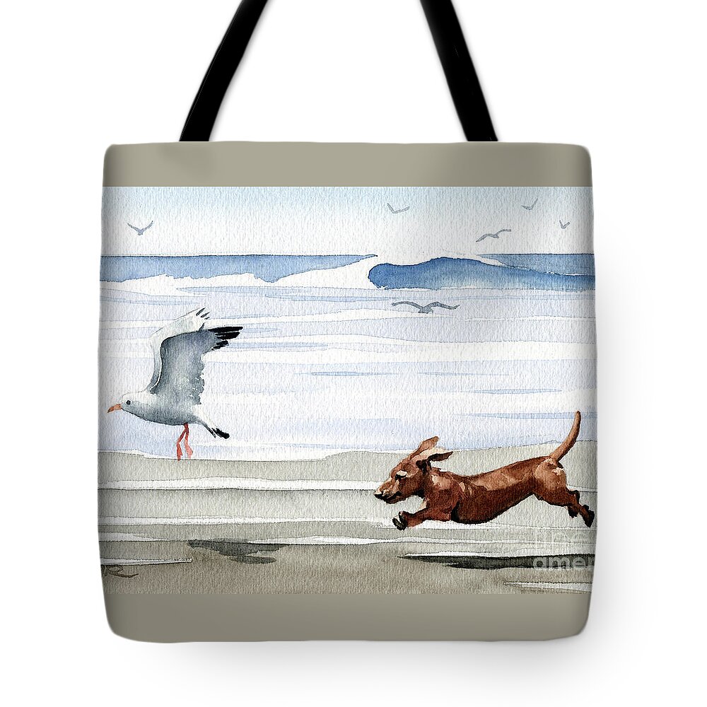 Dachshund Running Playing Seagull Beach Ocean Waves Shore Pet Dog Breed Canine Art Print Artwork Painting Watercolor Gift Gifts Picture Tote Bag featuring the painting Dachshund at the Beach by David Rogers