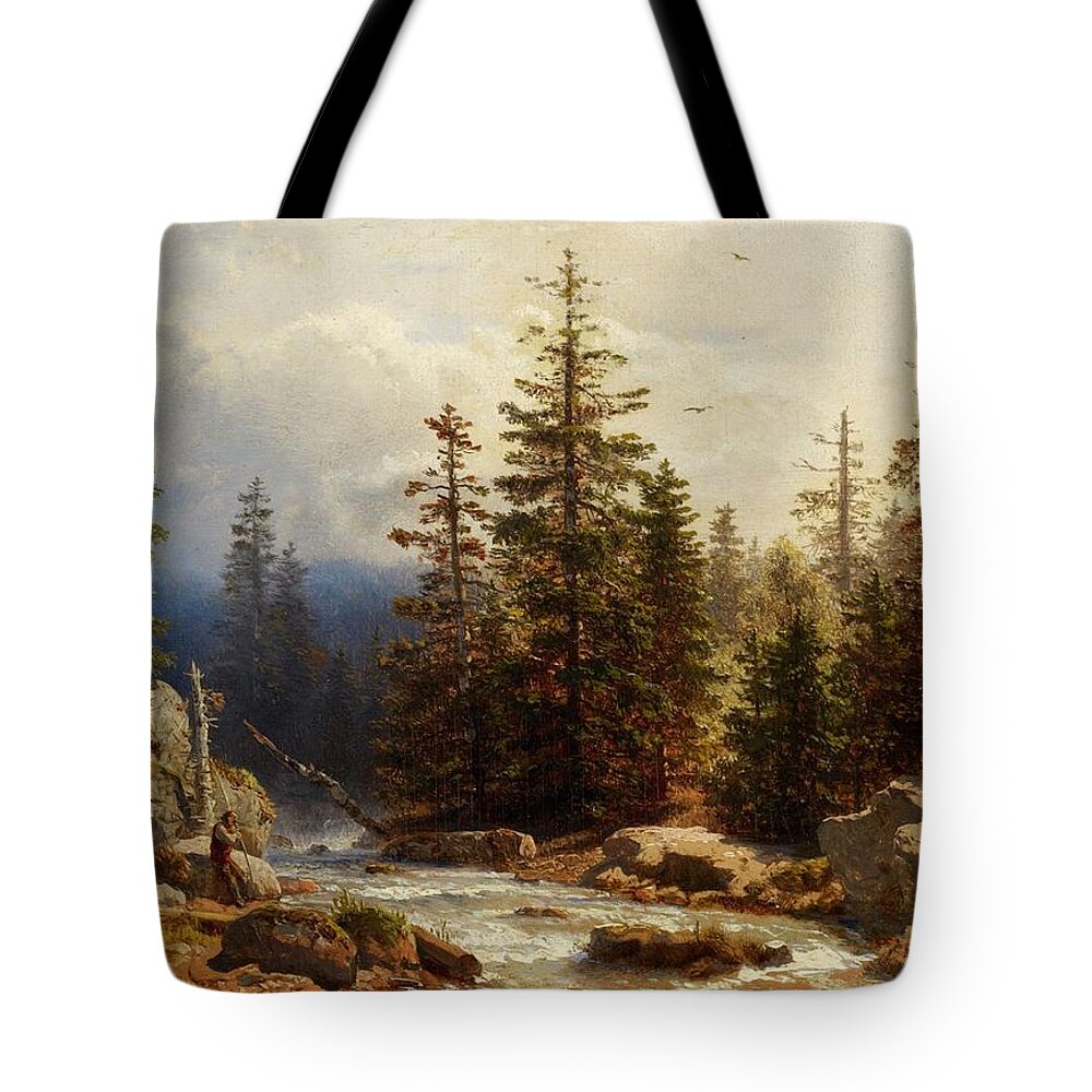 Andreas Achenbach Tote Bag featuring the painting Forest Landscape with an Angler by MotionAge Designs