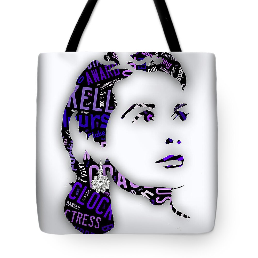 Grace Kelly Tote Bag featuring the mixed media Grace Kelly Movies In Words #2 by Marvin Blaine