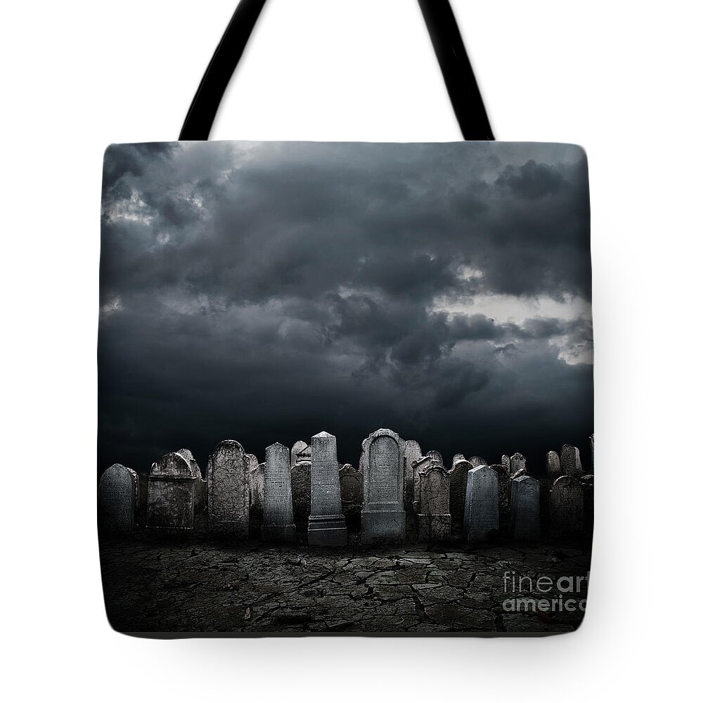 Graveyard Tote Bag featuring the digital art Graveyard at night by Jelena Jovanovic
