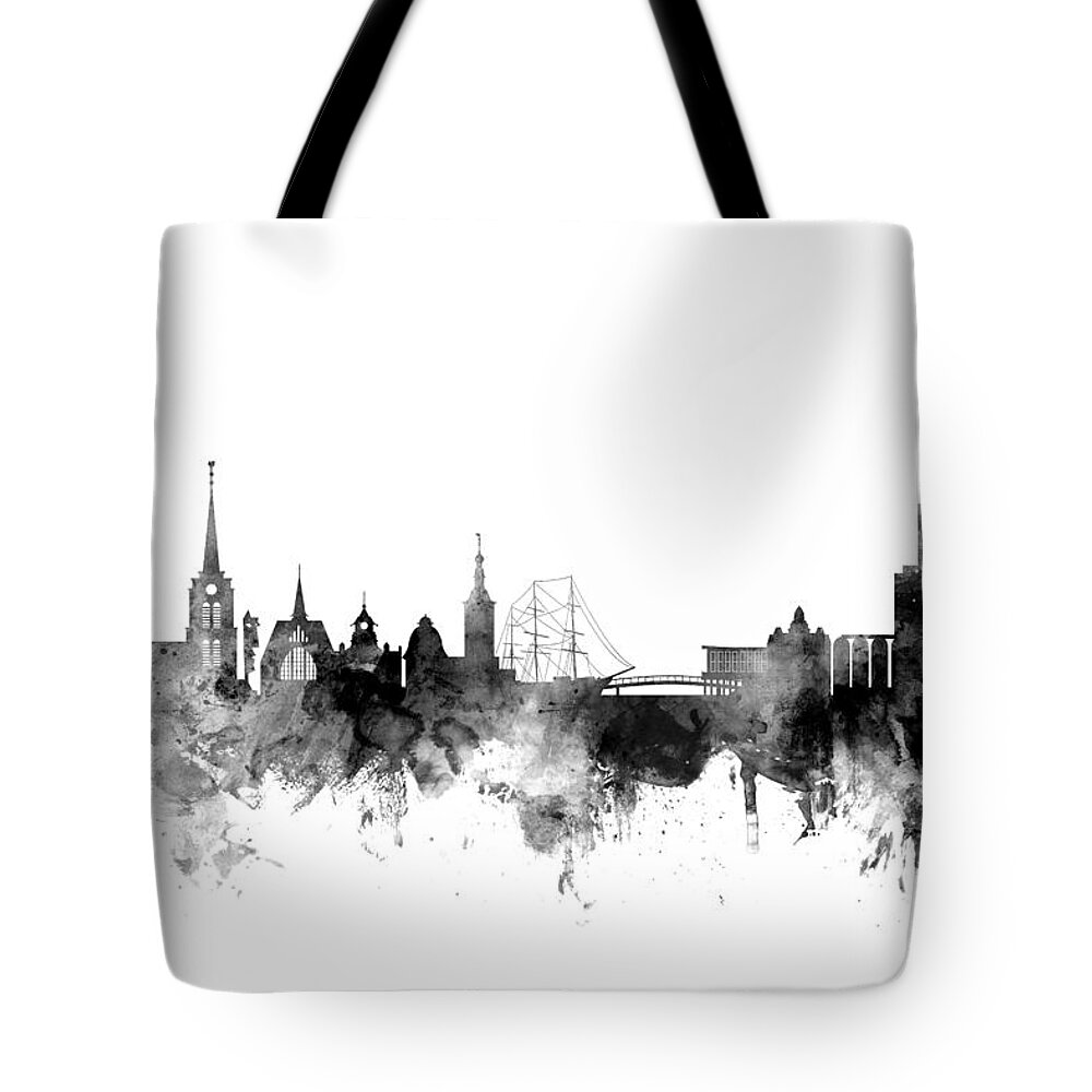 Sweden Tote Bag featuring the digital art Halmstad Sweden Skyline #2 by Michael Tompsett