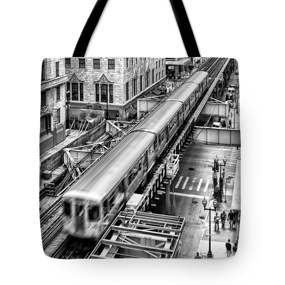 Chicago Tote Bag featuring the photograph Historic Chicago El Train Black and White #2 by Christopher Arndt