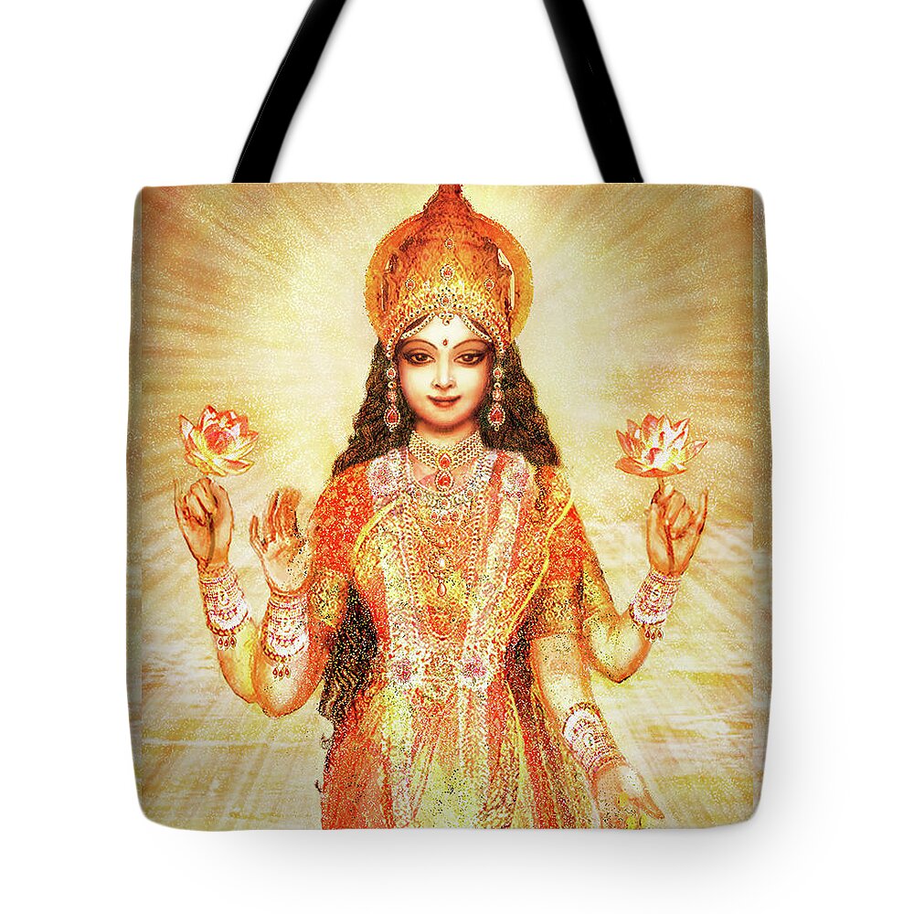 Lakshmi Tote Bag featuring the mixed media Lakshmi the Goddess of Fortune and Abundance #2 by Ananda Vdovic