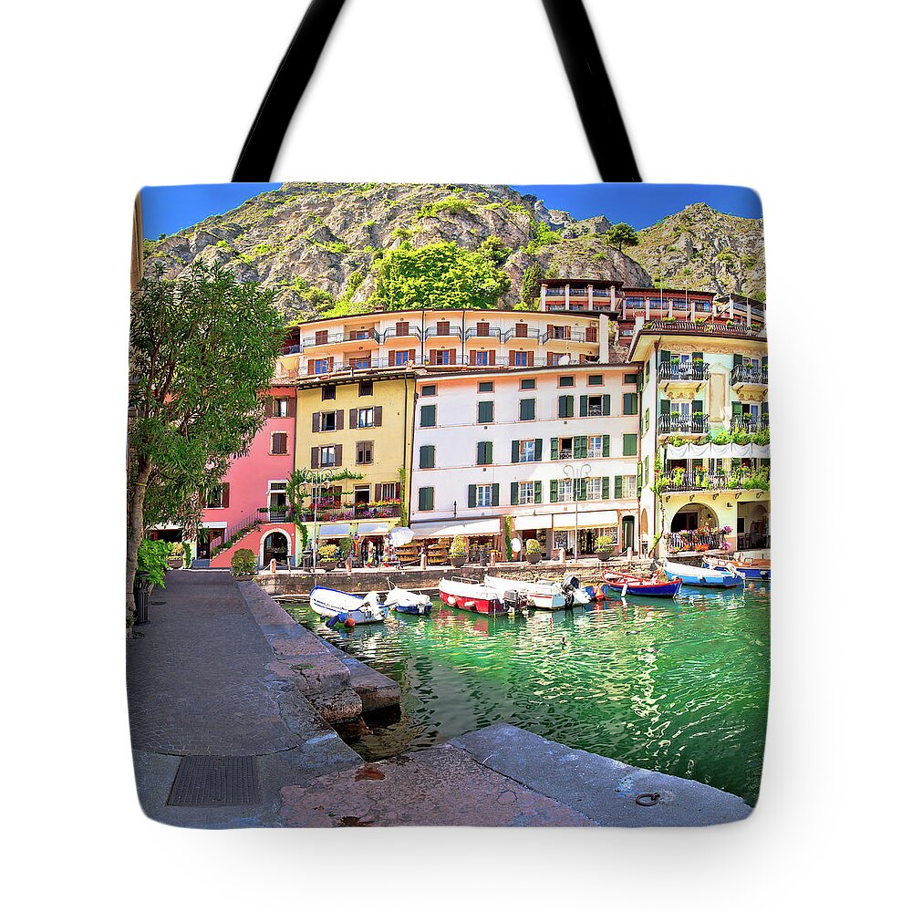 Limone Tote Bag featuring the photograph Limone sul Garda turquoise harbor panoramic view #2 by Brch Photography