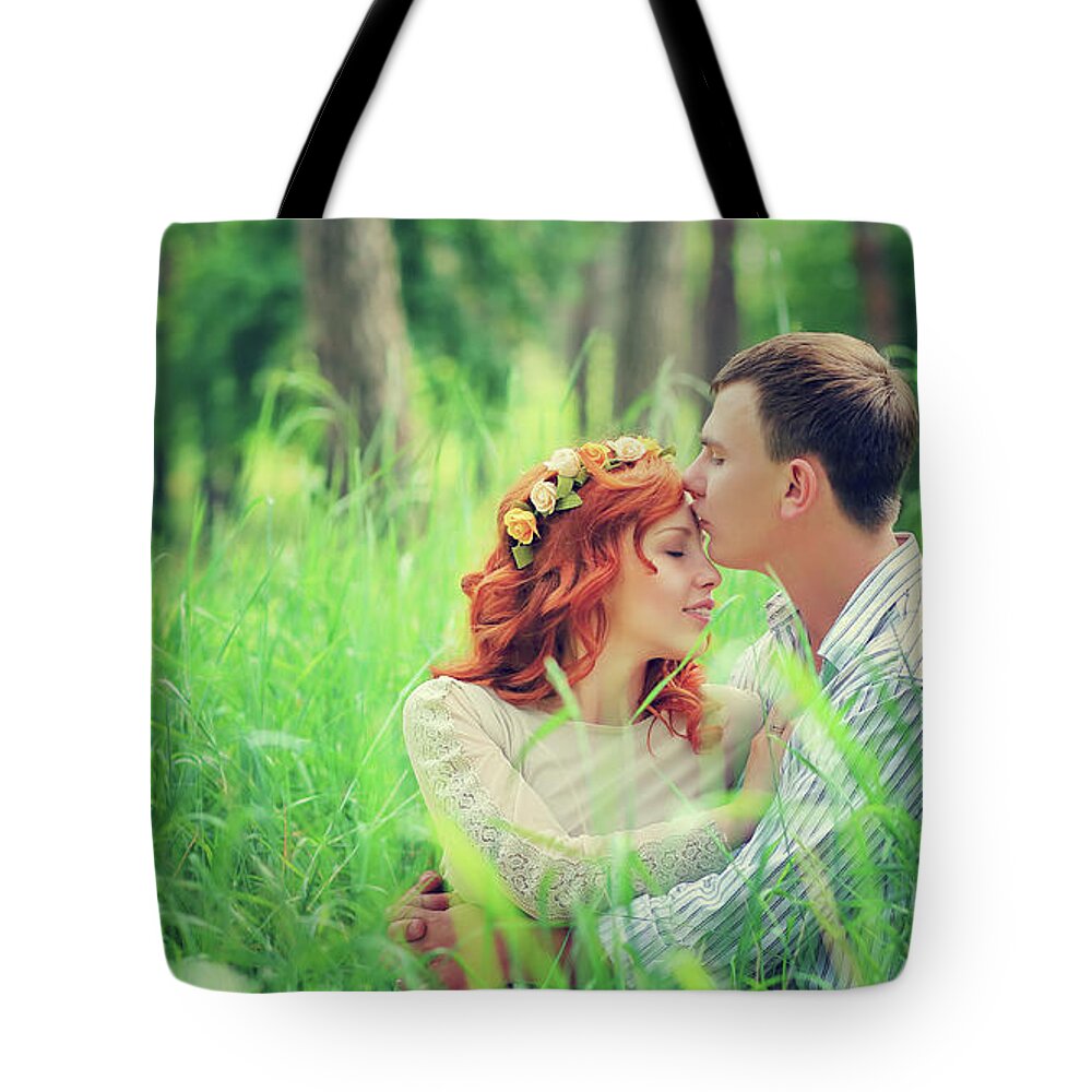 Adult Tote Bag featuring the photograph Loving couple in the forest #2 by Anna Om
