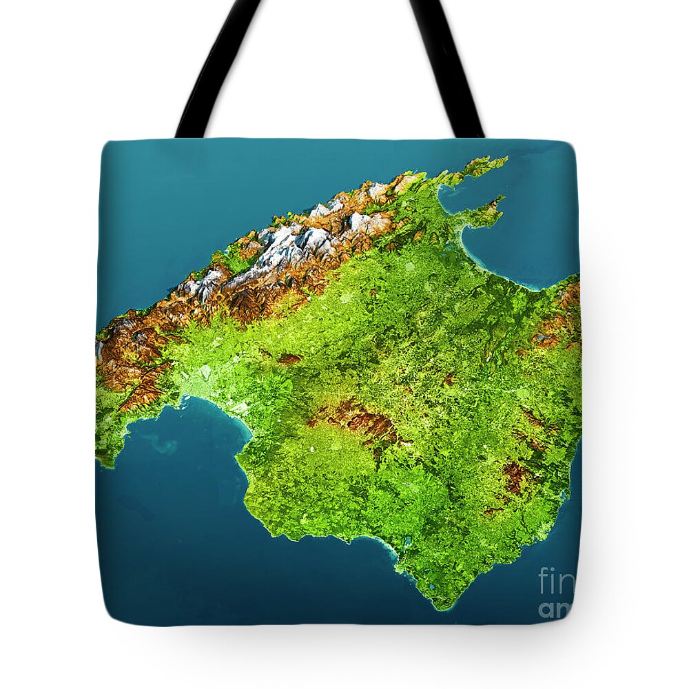 Mallorca Tote Bag featuring the digital art Mallorca Island Topographic Map 3D View Color by Frank Ramspott