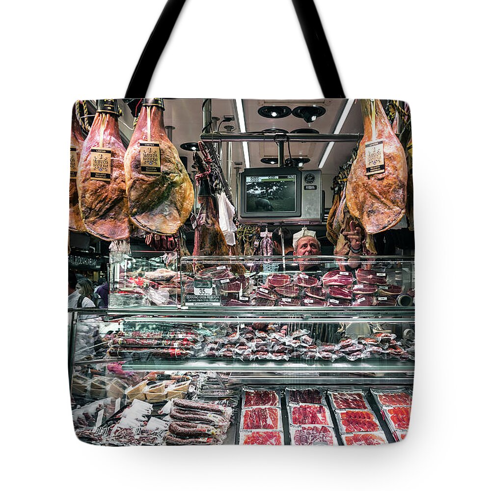 Barcelona Tote Bag featuring the photograph Meat And Sausage Shop In La Boqueria Market Barcelona Spain #2 by JM Travel Photography