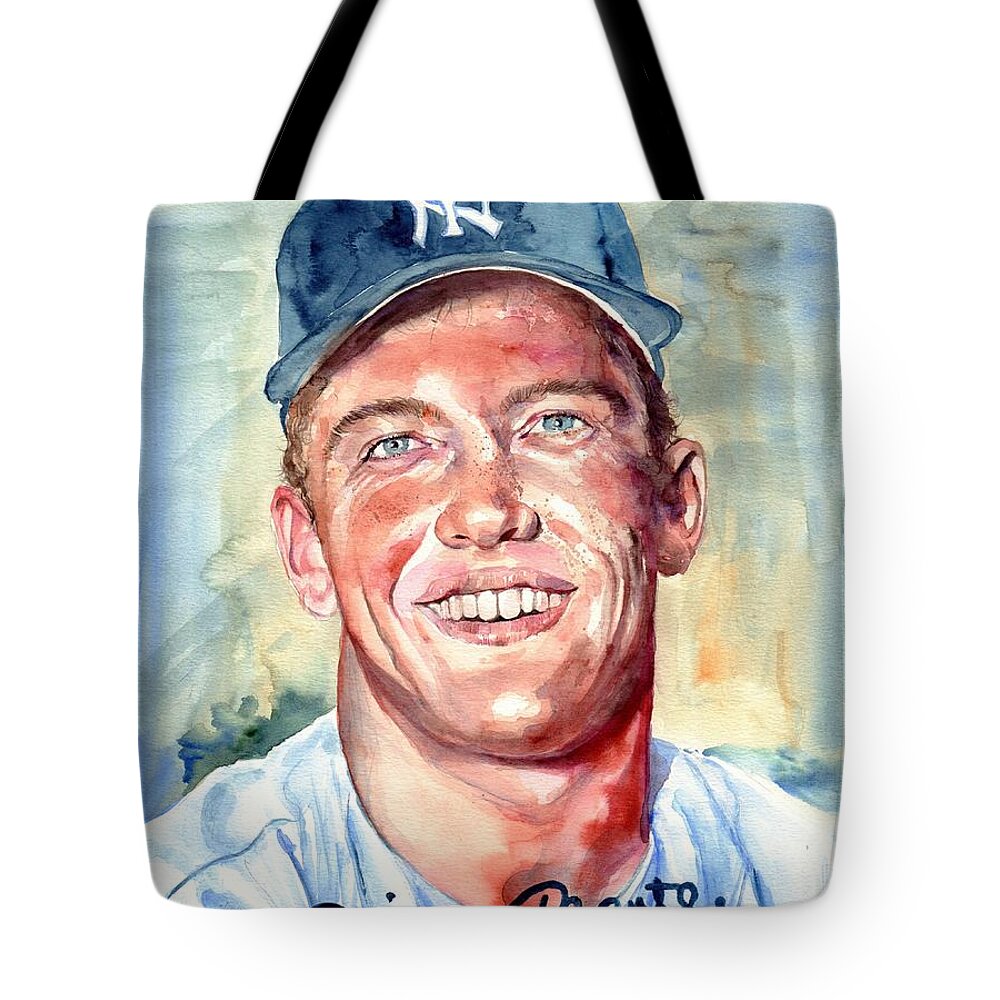 Mick Tote Bag featuring the painting Mickey Mantle portrait #2 by Suzann Sines