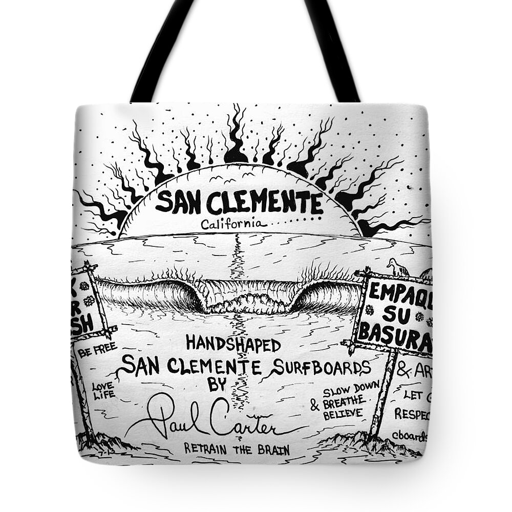 Surfart Tote Bag featuring the drawing Pack your trash #2 by Paul Carter