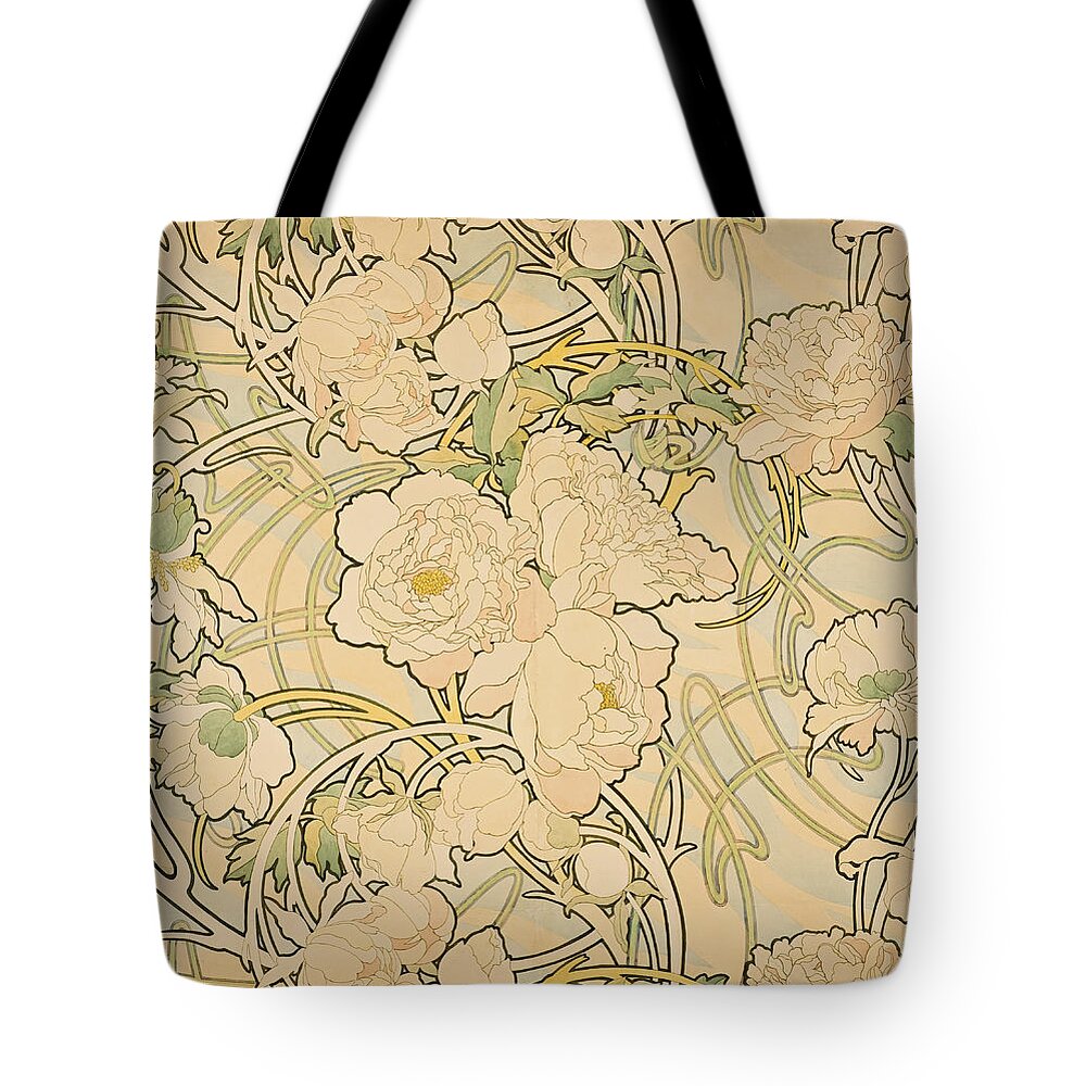 Alphonse Mucha Tote Bag featuring the painting Peonies #2 by Alphonse Mucha