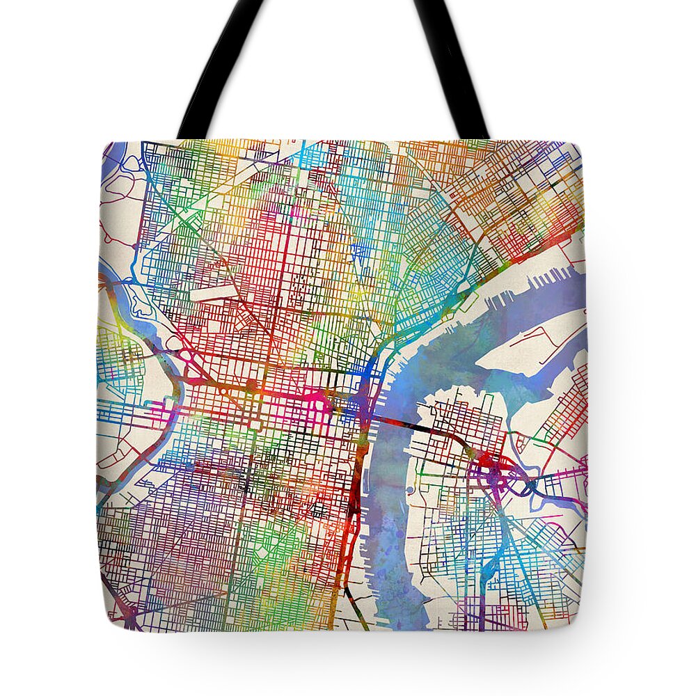 Street Map Tote Bag featuring the digital art Philadelphia Pennsylvania City Street Map by Michael Tompsett