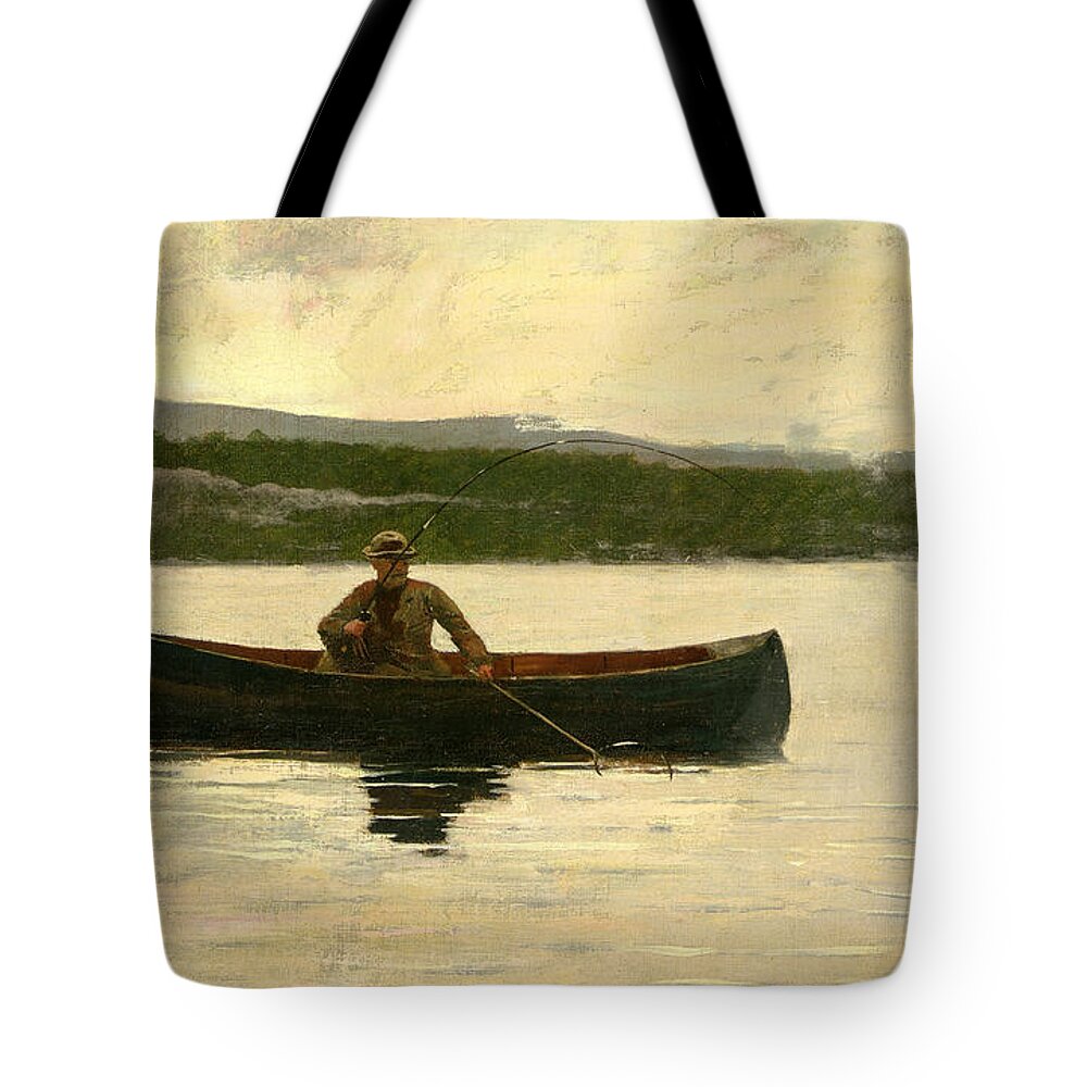 Winslow Homer Tote Bag featuring the painting Playing a Fish #2 by Winslow Homer