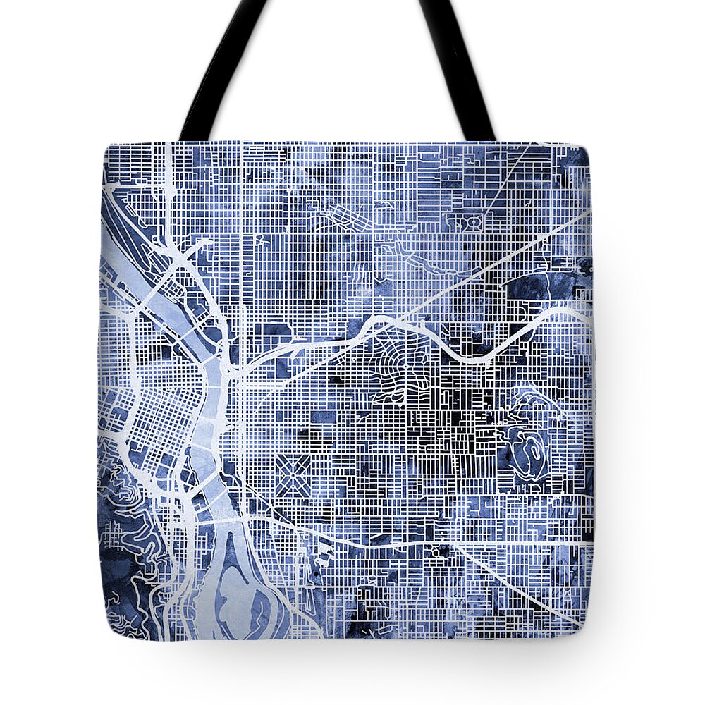 Portland Tote Bag featuring the digital art Portland Oregon City Map #2 by Michael Tompsett