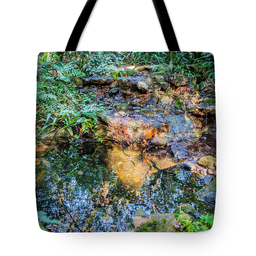 #gainesville Fl #jungle #kanapaha Botanical Gardens #louis Ferreira Photography #pond #tree Canopy #trees #waterfalls # Reflections #nature #river #rocks #streams #trees  #water #brook #water Garden #landscaping #babbling Brook Tote Bag featuring the photograph Reflections #1 by Louis Ferreira
