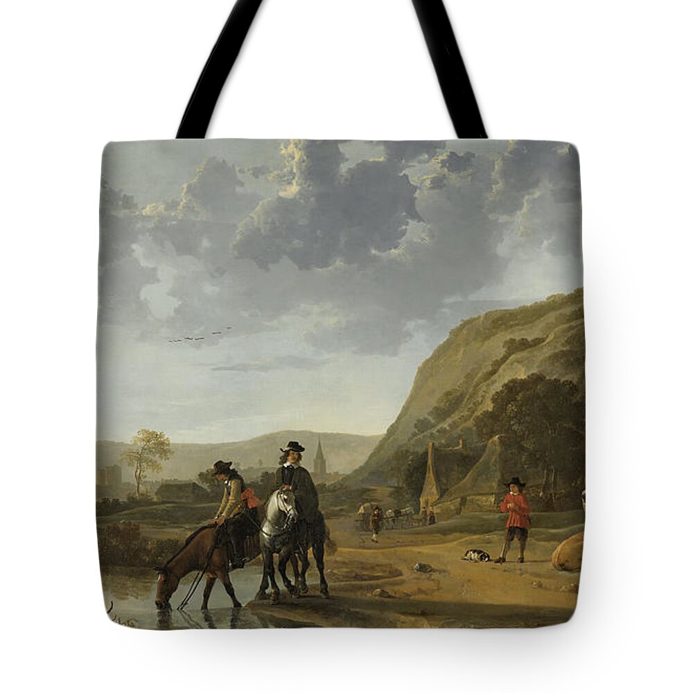 River Landscape With Riders Tote Bag featuring the painting River Landscape with Riders by Aelbert Cuyp