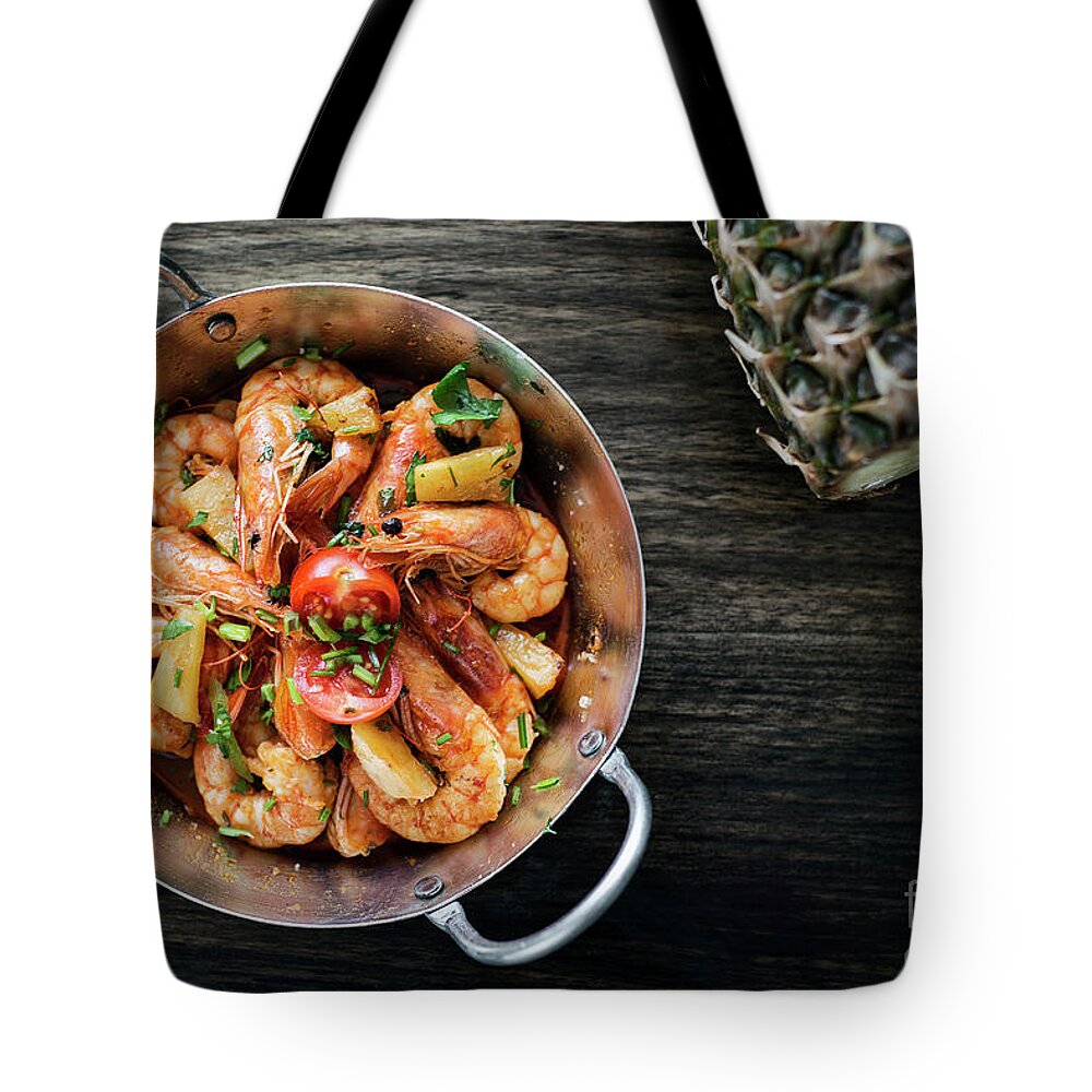 Asia Tote Bag featuring the photograph Stir Fry Prawns In Spicy Asian Pineapple And Herbs Sauce #2 by JM Travel Photography
