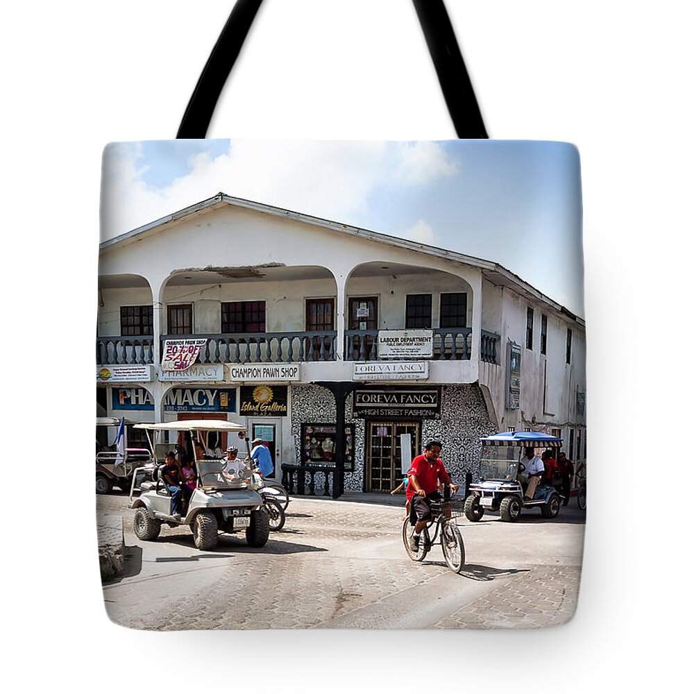 Ambergris Caye Tote Bag featuring the photograph Street Scene of San Pedro #3 by Lawrence Burry