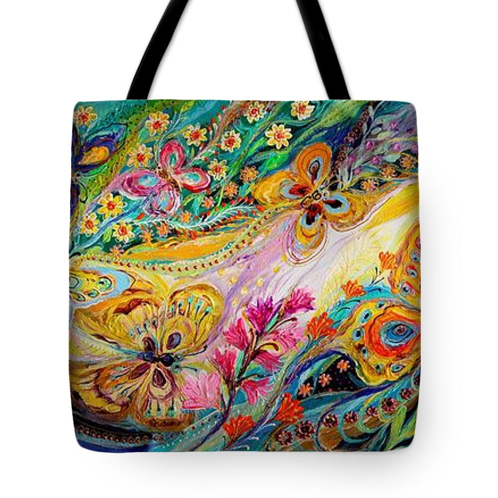 Modern Jewish Art Tote Bag featuring the painting The dance of butterflies #2 by Elena Kotliarker