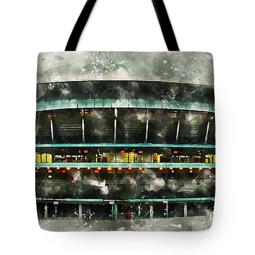 The Emirates Stadium Tote Bag featuring the digital art The Emirates Stadium by Airpower Art