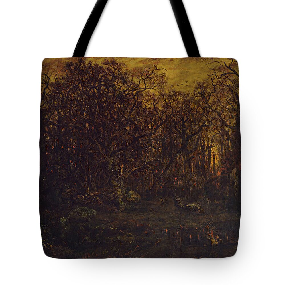 The Forest In Winter At Sunset Tote Bag featuring the painting The Forest in Winter at Sunset by Theodore Rousseau