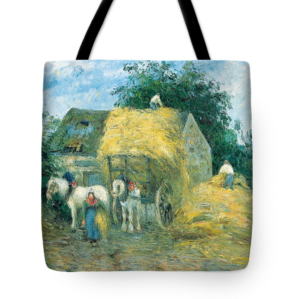 Camille Pissarro Tote Bag featuring the painting The Hay Cart. Montfoucault by Camille Pissarro