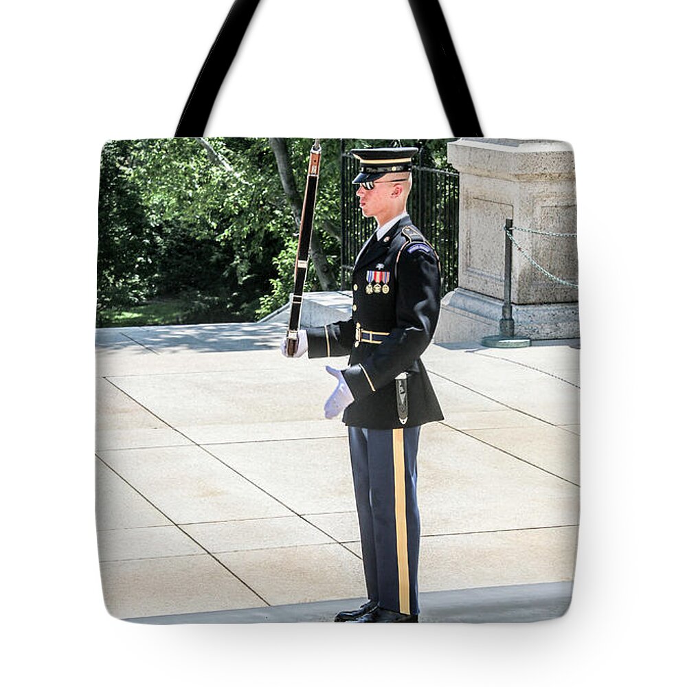 This Is A Photo Of A Tomb Sentry At The Tomb Of The Unknown Soldiers Tote Bag featuring the photograph Tomb Sentry #2 by Bill Rogers