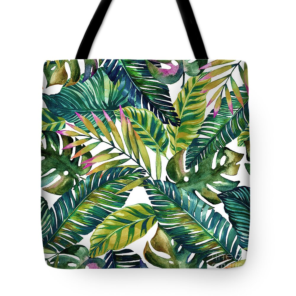 Tropical Leaves Tote Bag featuring the painting Tropical Green Leaves Pattern by Mark Ashkenazi