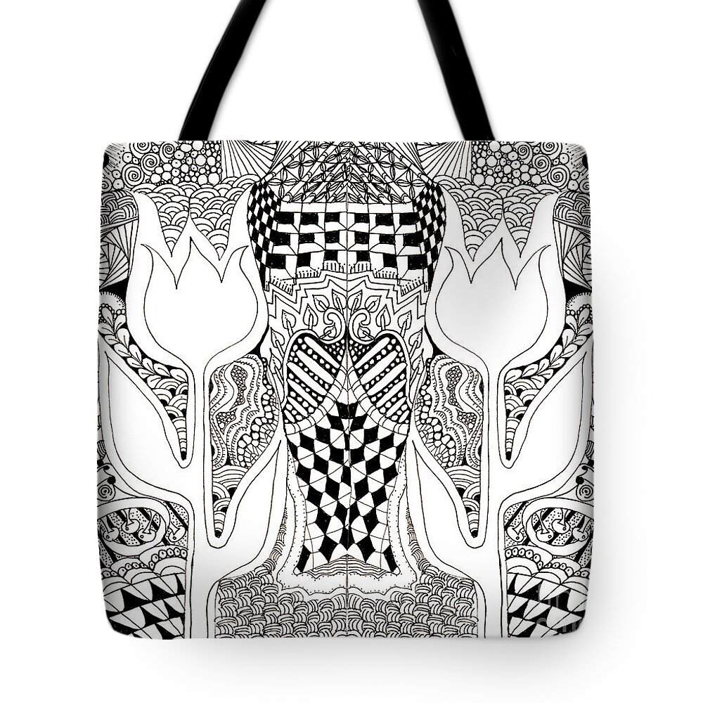 Tulips Flowers Pen And Ink Drawing Zentangles Doodles Fabric Design Tote Bag featuring the tapestry - textile 2 Tulips by Ruth Dailey