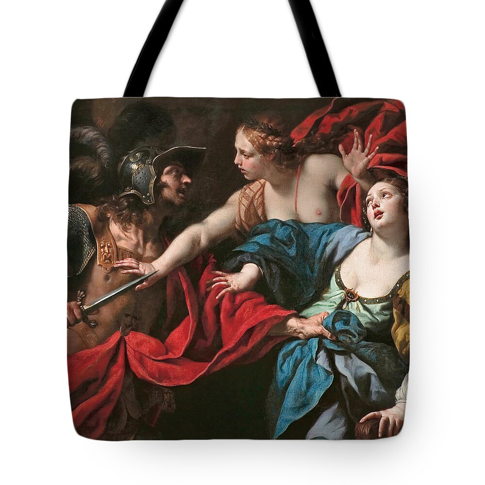 Luca Ferrari Tote Bag featuring the painting Venus preventing her son Aeneas from killing Helen of Troy #1 by Luca Ferrari