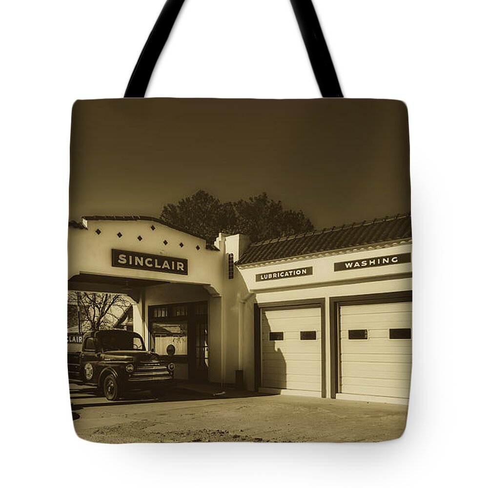 Sinclair Tote Bag featuring the photograph Vintage Sinclair Gas Station #2 by Mountain Dreams