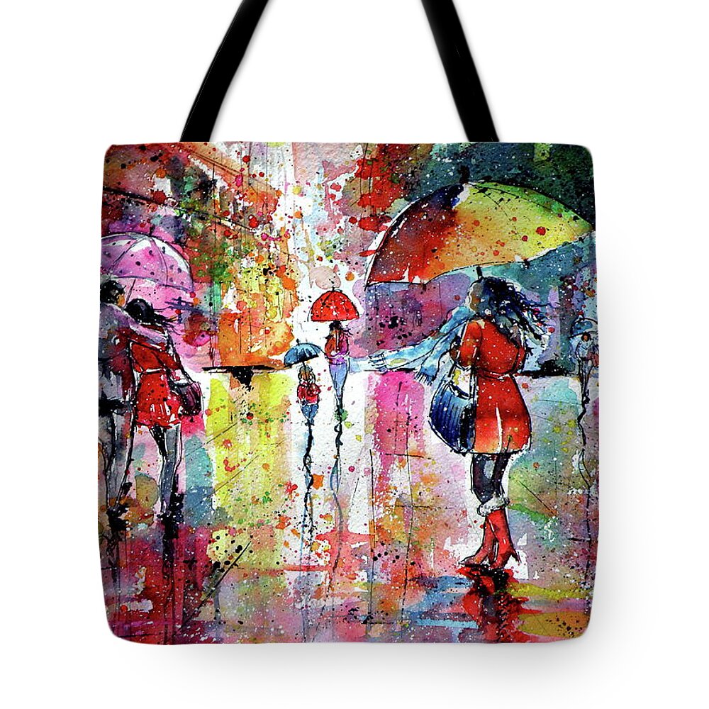Street Tote Bag featuring the painting Walk in rain.... #2 by Kovacs Anna Brigitta