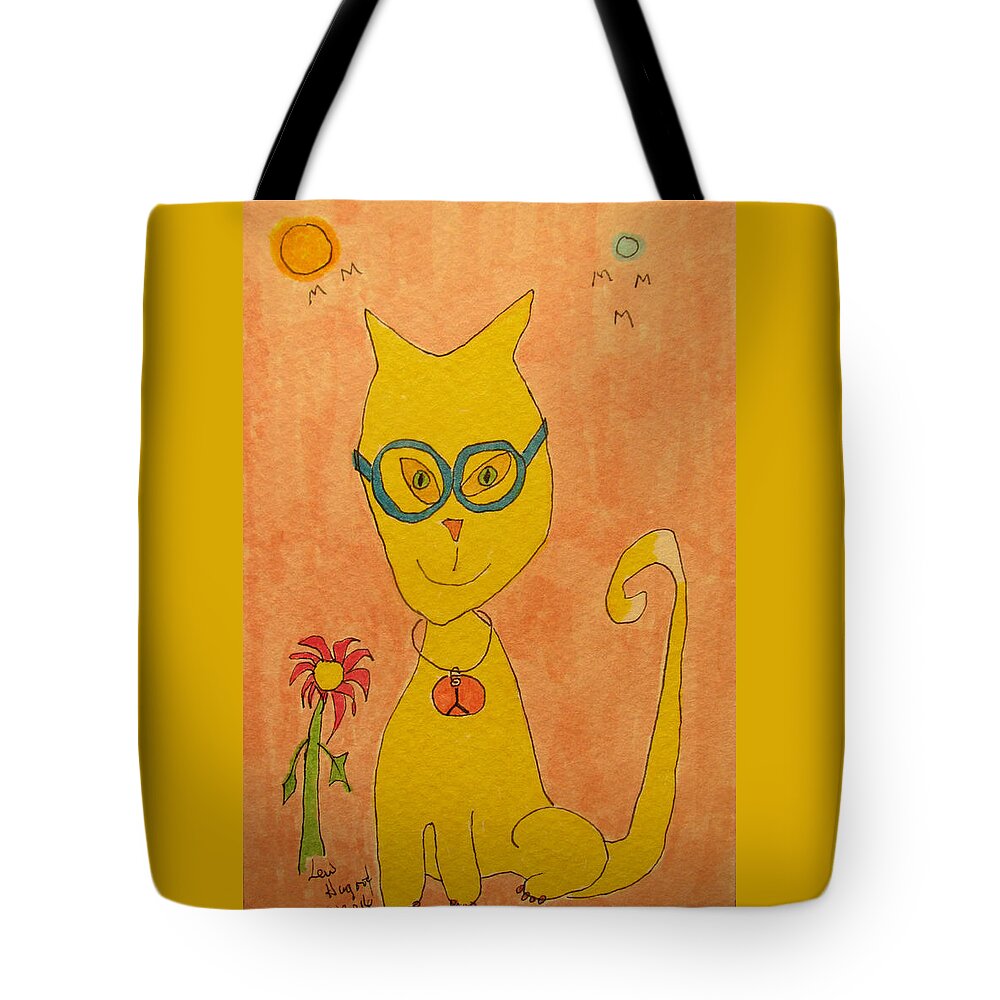 Hagood Tote Bag featuring the painting Yellow Cat With Glasses by Lew Hagood