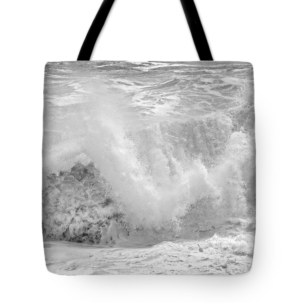 Maine Tote Bag featuring the photograph Black and White Large Waves Near Pemaquid Point On The Coast Of #20 by Keith Webber Jr