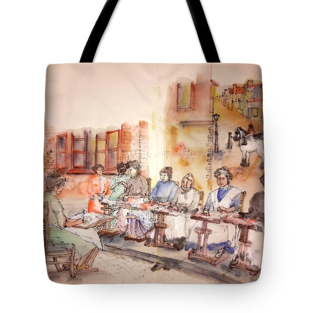 The Netherlands. Landscape. Cityscape. Making Lace. Figures. Woman Tote Bag featuring the painting Of Clogs And Windmills Album #20 by Debbi Saccomanno Chan