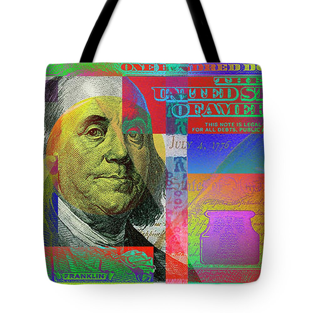 'paper Currency' Collection By Serge Averbukh Tote Bag featuring the digital art 2009 Series Pop Art Colorized U. S. One Hundred Dollar Bill No. 1 by Serge Averbukh