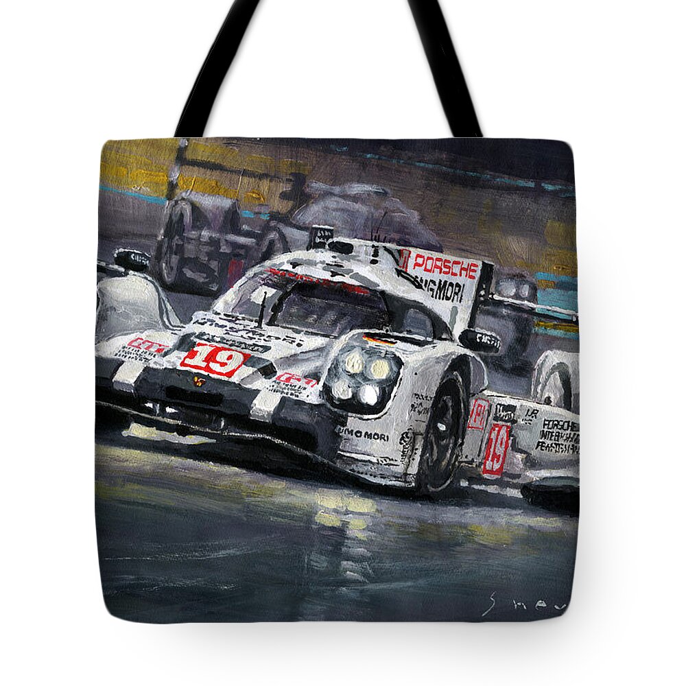 Acrilic Tote Bag featuring the painting 2015 Le Mans 24 LMP1 WINNER Porsche 919 Hybrid Bamber Tandy Hulkenberg by Yuriy Shevchuk