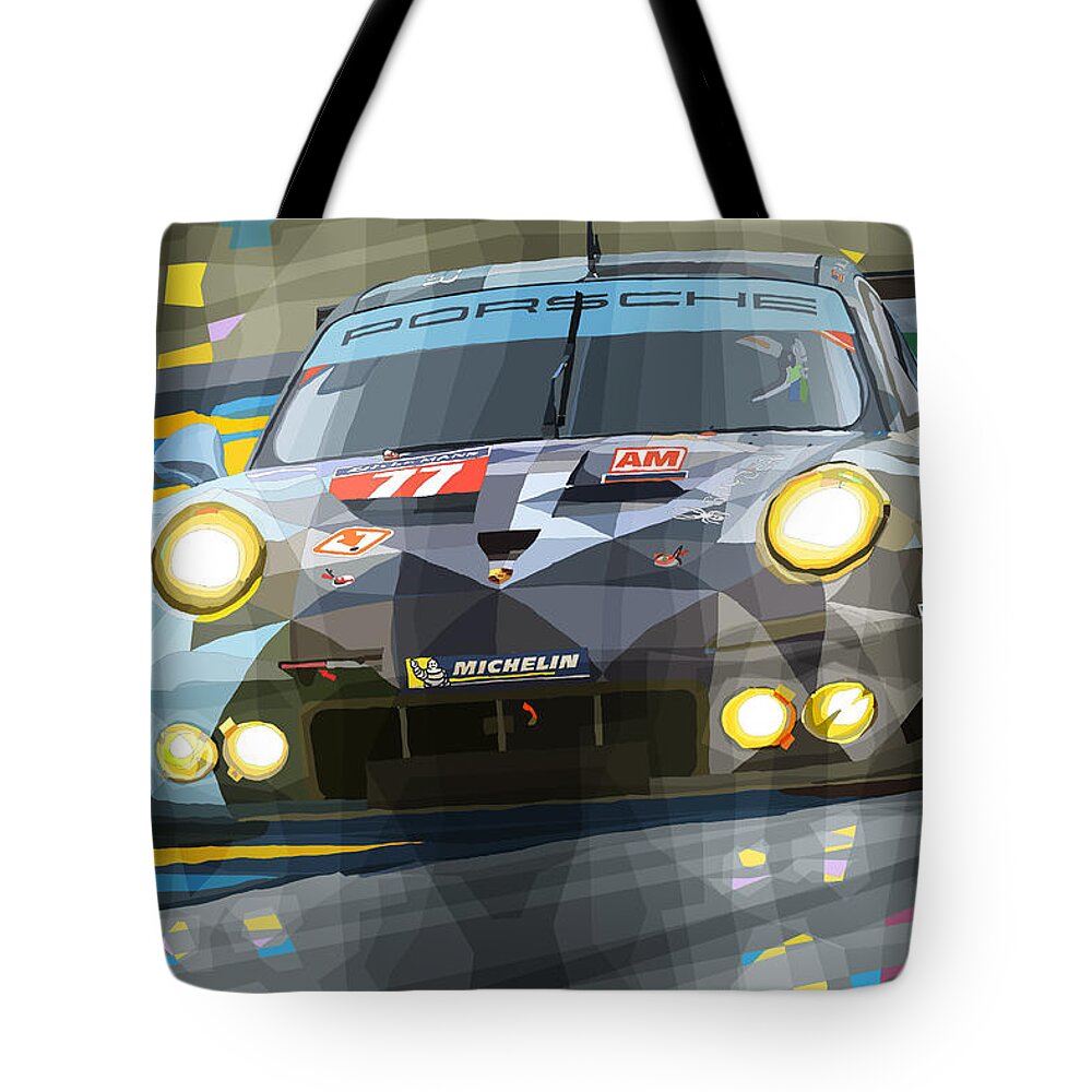 Automotive Tote Bag featuring the digital art 2015 Le Mans GTE-Am Porsche 911 RSR by Yuriy Shevchuk