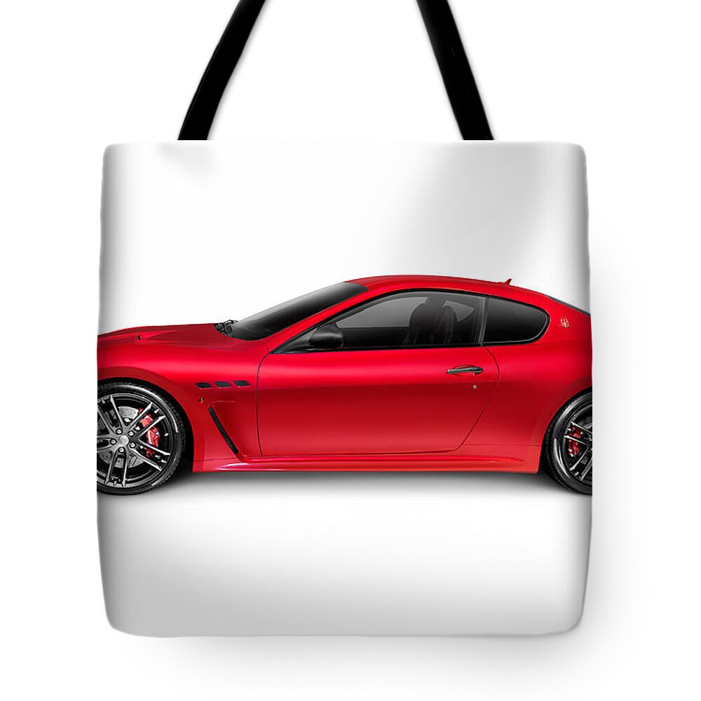 Maserati Tote Bag featuring the photograph 2015 Maserati GranTurismo MC Centennial Edition luxury car side by Maxim Images Exquisite Prints