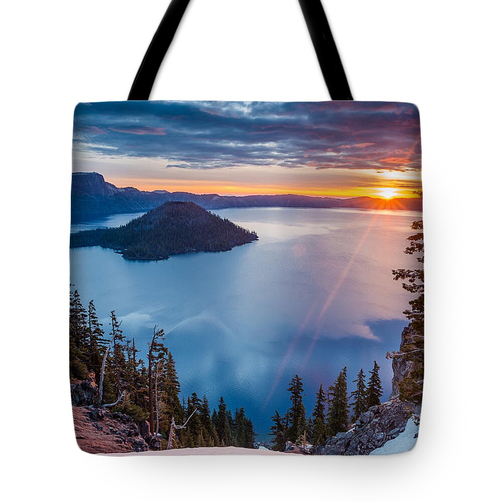 Crater Lake Tote Bag featuring the photograph 2015 Spring Sunrise from Discovery Point by Greg Nyquist