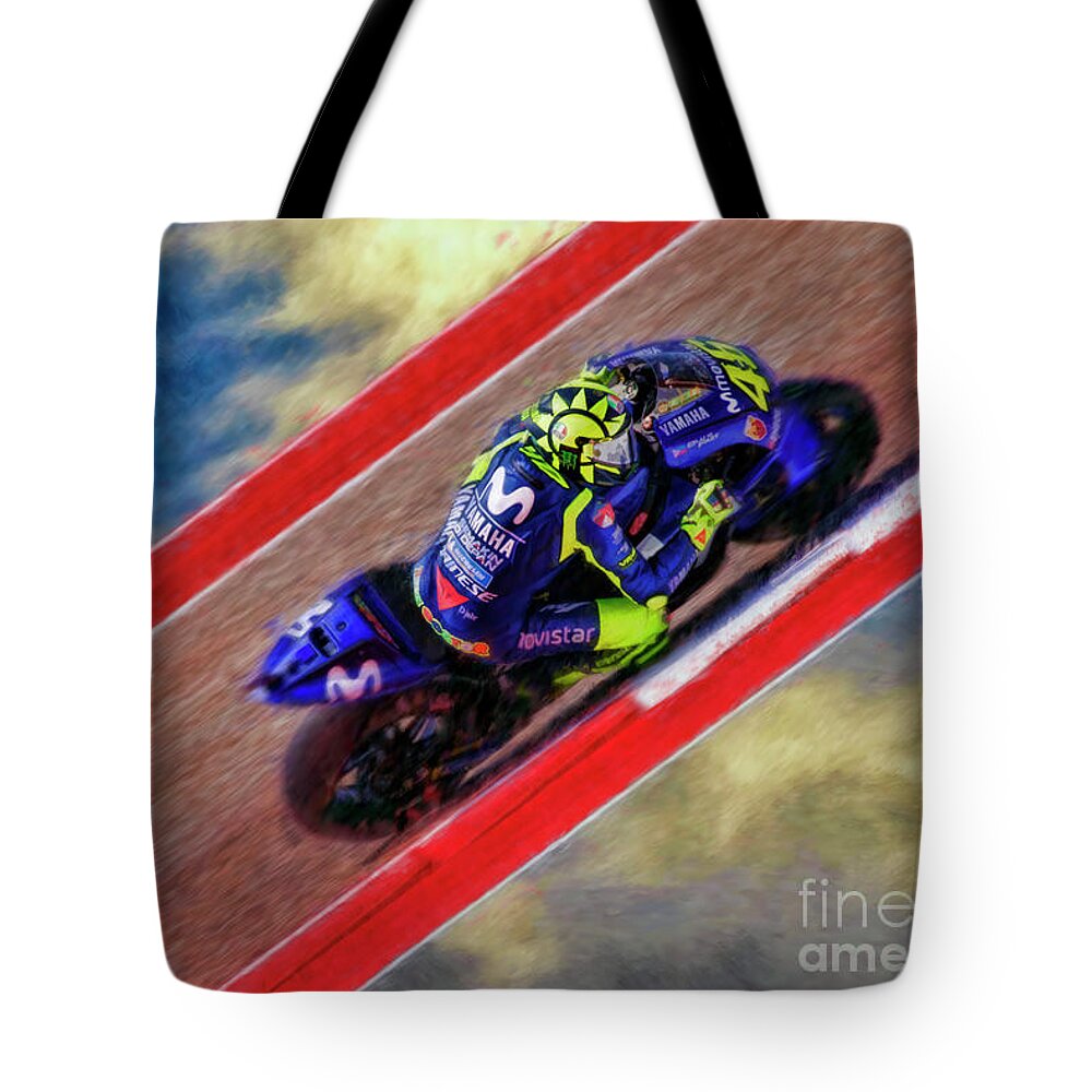 Valentino Rossi Tote Bag featuring the photograph 2018 Motogp Valentino Rossi Sky Track by Blake Richards