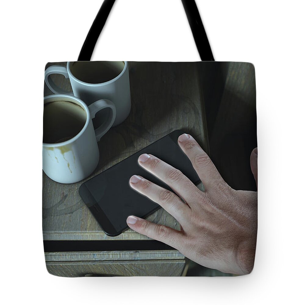 Blank Tote Bag featuring the digital art Bedside Table And Cellphone #21 by Allan Swart