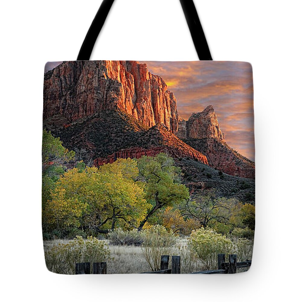 Blazing Sunset Skies Above The Watchman Formation As Seen From The Pa Rus Trail In Zion National Park Tote Bag featuring the photograph Zion National Park #23 by Douglas Pulsipher