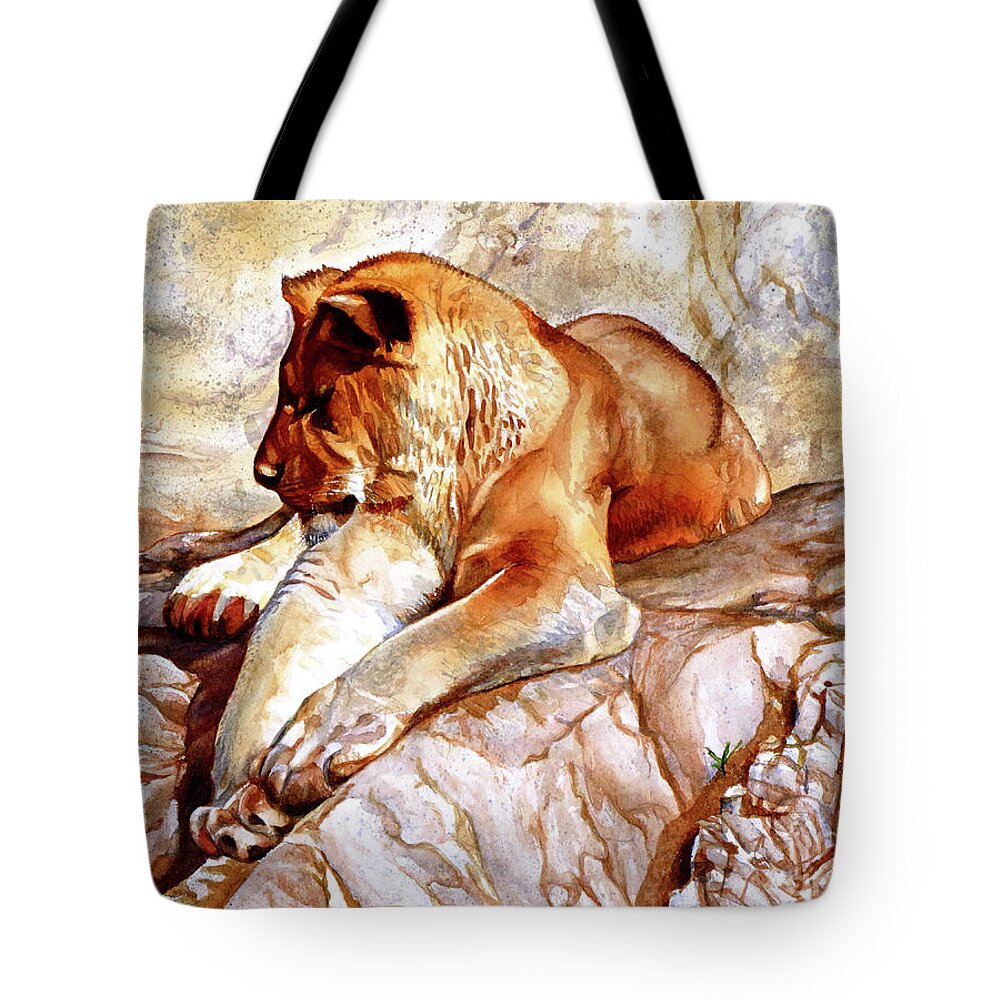 Lion Tote Bag featuring the painting #232 Sleeping Lioness #232 by William Lum