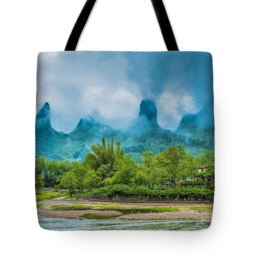 Scenery Tote Bag featuring the photograph Karst mountains and Lijiang River scenery #24 by Carl Ning