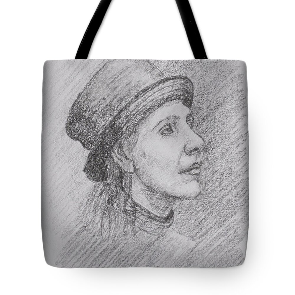 Hat Tote Bag featuring the drawing Portrait by Masami Iida