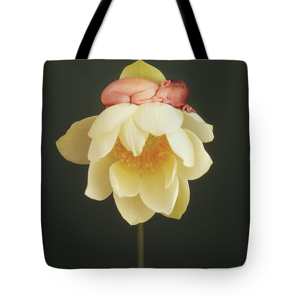 Water Lily Tote Bag featuring the photograph Lotus Bud by Anne Geddes