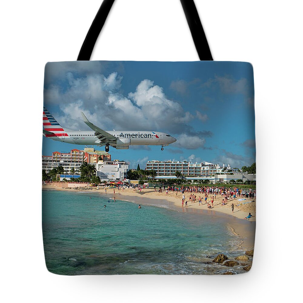American Tote Bag featuring the photograph American Airlines at St. Maarten #3 by David Gleeson