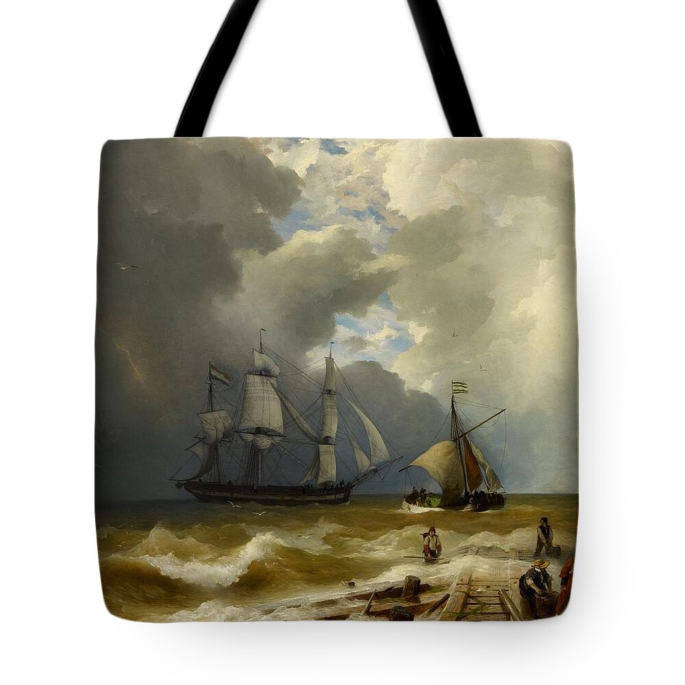 Andreas Achenbach Tote Bag featuring the painting At the Jetty #3 by Andreas Achenbach