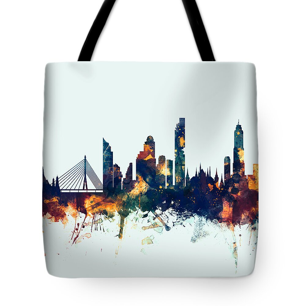 Watercolour Tote Bag featuring the digital art Bangkok Thailand Skyline #3 by Michael Tompsett